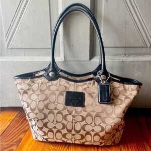 Coach Bleecker Brown Signature C Canvas Black Leather Tote Bag No.K0958-F14385